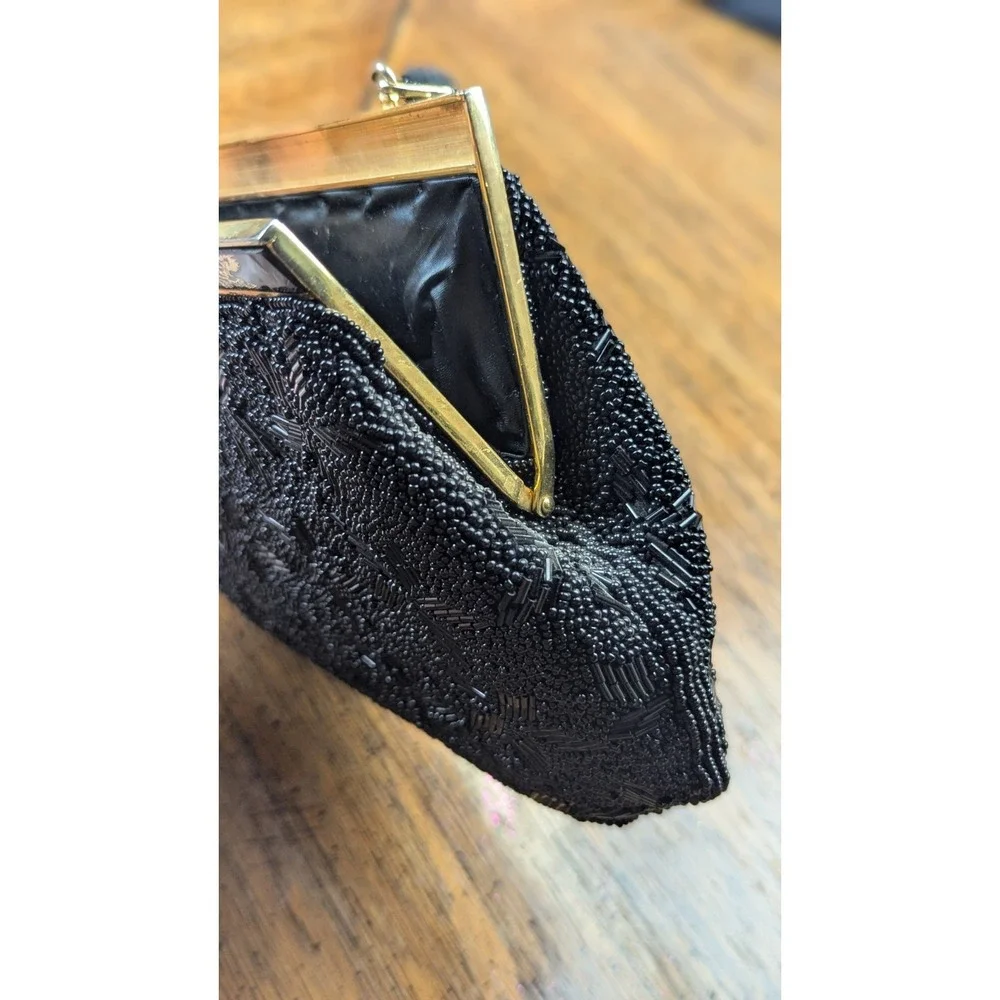 Vintage Beaded Kimono Kiss Lock Purse Pouch Handbag Black Handmade In Hong Kong